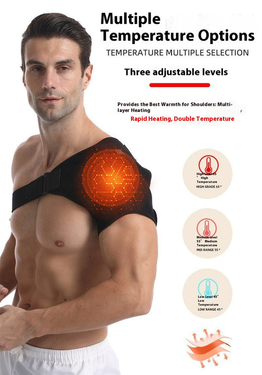 Man wearing a black electric heating shoulder pad with adjustable straps for therapeutic warmth and support. - Image 12