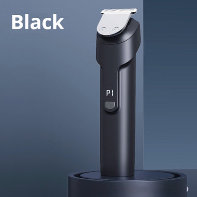 White electric hair clipper with a black top, silver blade, digital display, and power button on a dark base. - Image 4