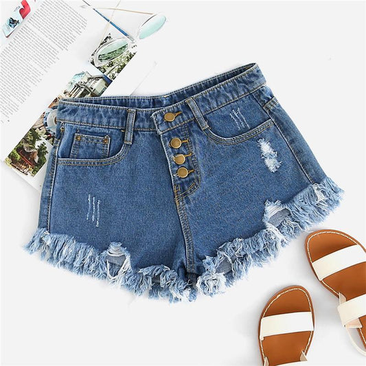 Shorts Azul Desgastado con Bordes Deshilachados