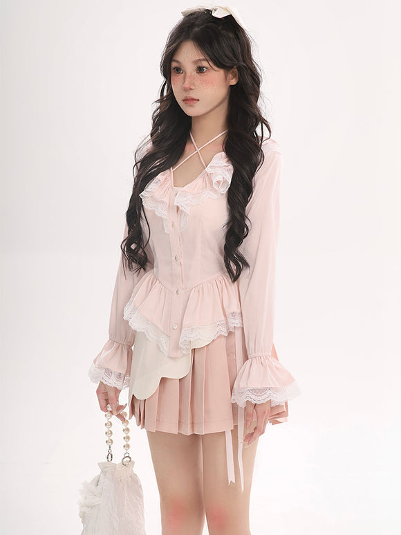 Blusa con Encaje Volantes y Falda Plisada Pétalos