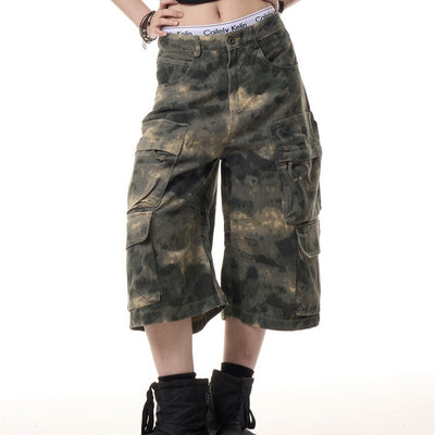 Pantalones Cargo Cortos Camuflaje Retro - Diseño Holgado Unisex con Múltiples Bolsillos