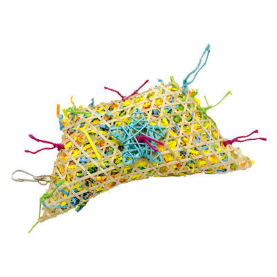 Colorful bird toy made from woven straw, filled with shredded paper, with a red star and hanging hook. - Image 6