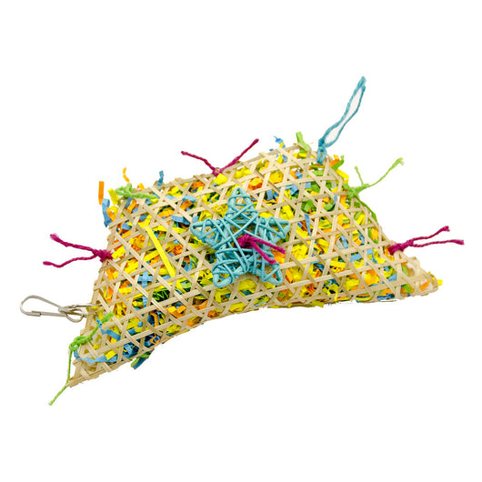 Colorful bird toy made from woven straw, filled with shredded paper, with a red star and hanging hook. - Image 6