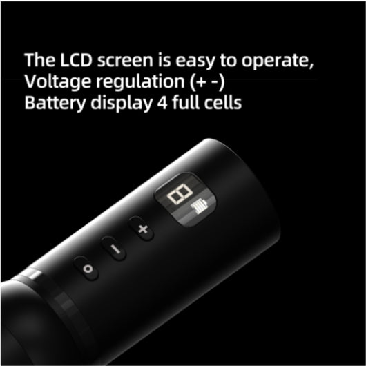 Black wireless tattoo pen with a digital display showing '8' and a battery icon, plus control buttons. - Image 3