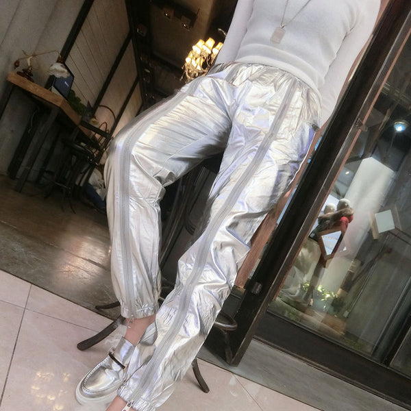 Pantalones Harem Plata con Cierre - Estilo Casual Suelto y Moderno