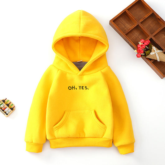 Bright yellow baby hooded sweater with "OH, YES." text, long sleeves, ribbed cuffs, and a kangaroo pocket. - Image 13
