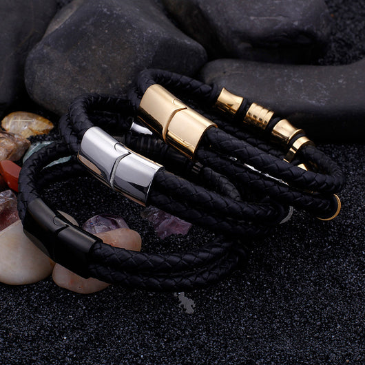 Pulsera de Cuero para Hombre Acero Inoxidable Dorado con Cierre Magnético - Image 3
