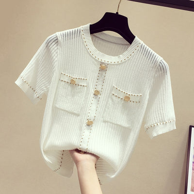 Blusa de Seda Brillante Tejida Manga Corta para Mujer - Image 3
