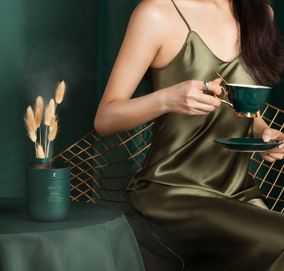 Dark green cylindrical humidifier with a black top, 300mL capacity, and a single control button. - Image 8