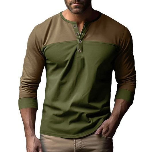 Camisa Casual de Cuello Henry con Combinación de Colores - Manga Larga Estilo Retro - Image 11