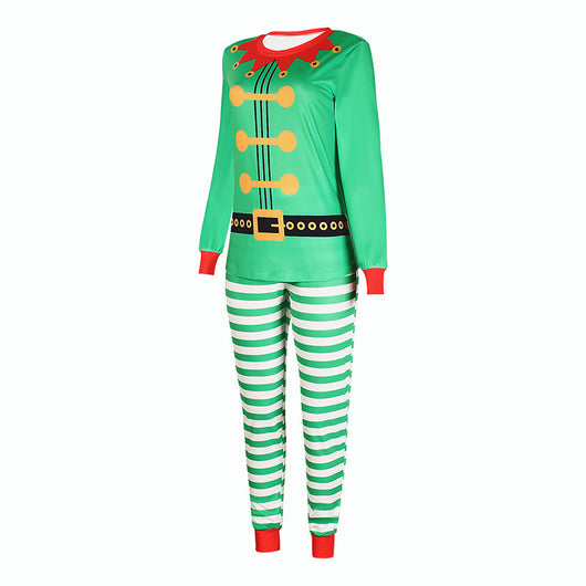 Three matching green elf-themed pajama sets for Dad, Mom, and Kid, featuring striped pants and long-sleeved tops. - Image 7