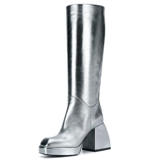 Botas Plataforma de Tacón Grueso con Punta Cuadrada en Cuero - Image 2