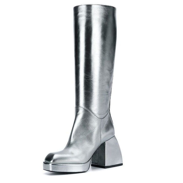 Botas Plataforma de Tacón Grueso con Punta Cuadrada en Cuero