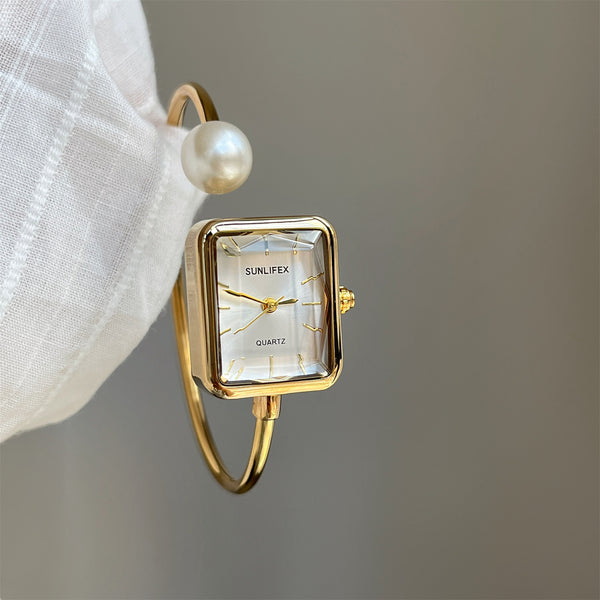 Reloj Pulsera Lujo Perla Cuadrada Dorado para Mujer