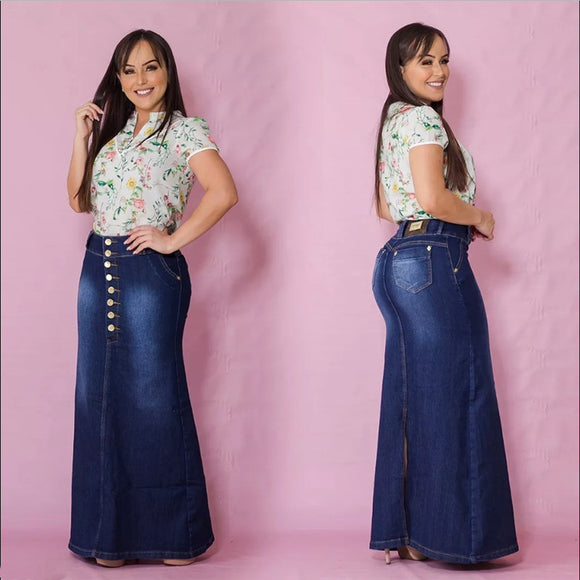 Falda Larga Denim Slim Efecto Adelgazante para Mujer
