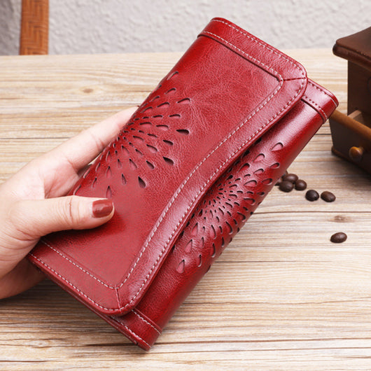 Billetera Larga de Cuero Retro para Mujer con Acabado Encerado