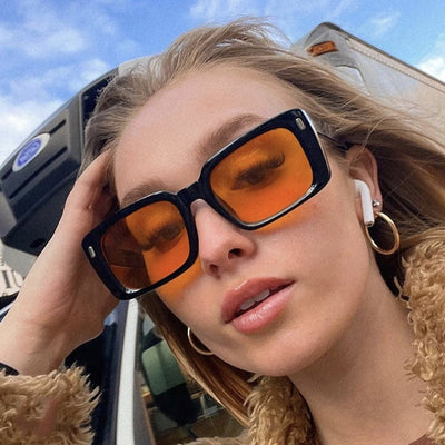 Women's retro hip hop fashion sunglasses with bright black frames, dark gray rectangular lenses, and gold accents. - Image 14