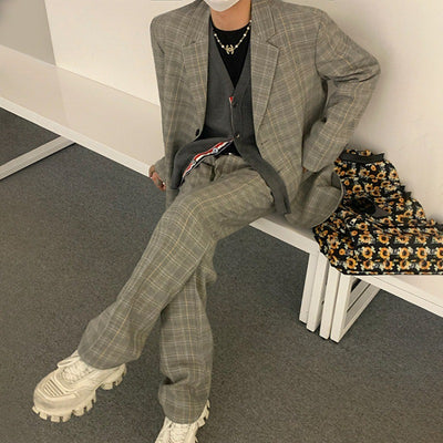 Traje Cuadros Hombre Corte Suelto Estilo Coreano - Image 4