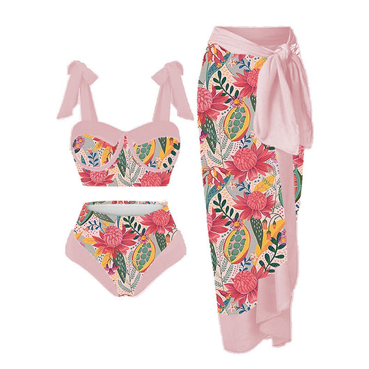 Women's three-piece swimsuit with tropical pomegranate, hibiscus, and bird print bikini and magenta sarong. - Image 6