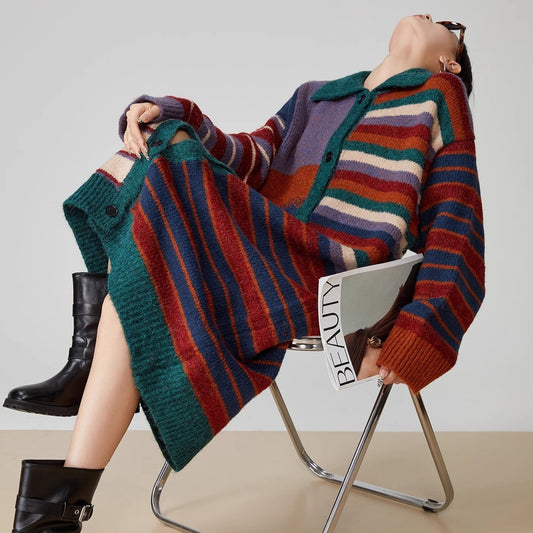 Suéter Abrigo Retro con Rayas de Colores para Mujer
