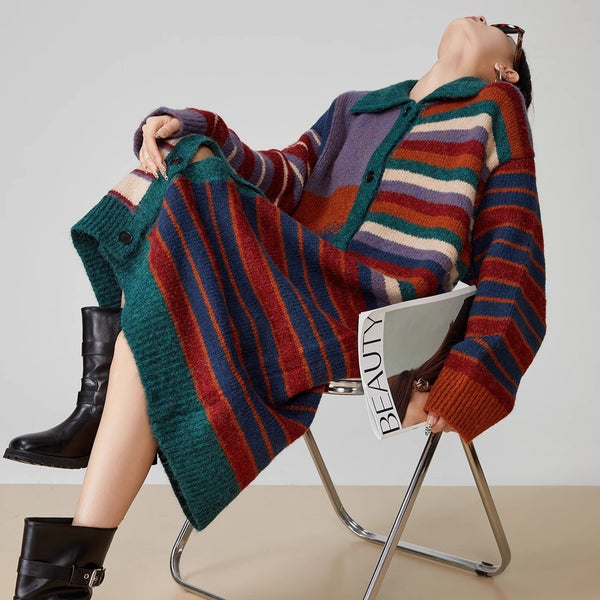 Suéter Abrigo Retro con Rayas de Colores para Mujer
