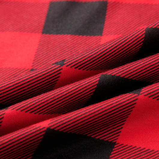 Baby in a red and black buffalo plaid long-sleeve pajama romper, viewed from the back with arms raised. - Image 14