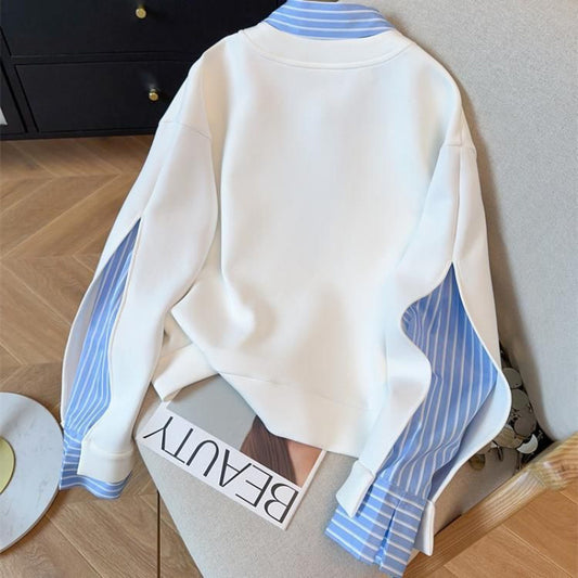 Sudadera Tipo Camisa con Cuello Patchwork y Rayas Superpuestas - Image 2