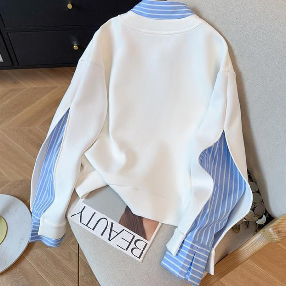 Sudadera Tipo Camisa con Cuello Patchwork y Rayas Superpuestas