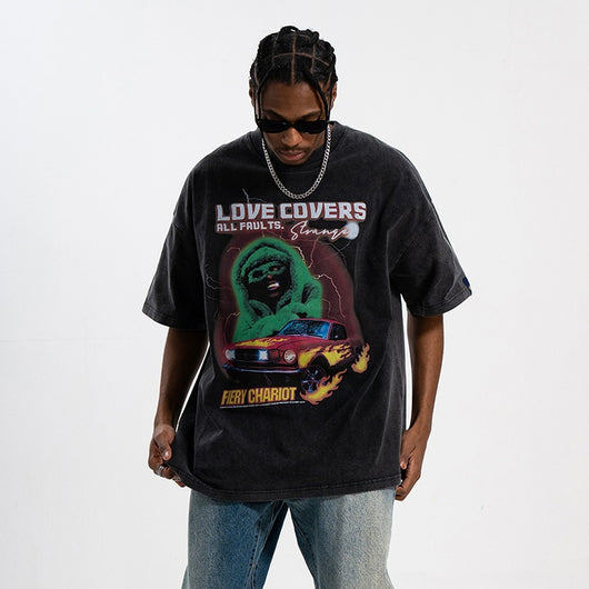 Camiseta Retro Suelta con Estampado Urbano para Hombre - Image 13