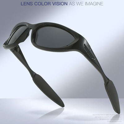 Black polarized sports sunglasses with a wrap-around frame and dark lenses, shown with five other color options.