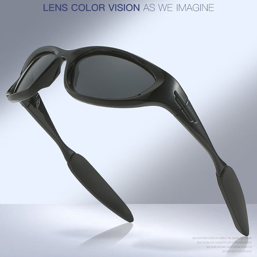 Black polarized sports sunglasses with a wrap-around frame and dark lenses, shown with five other color options.