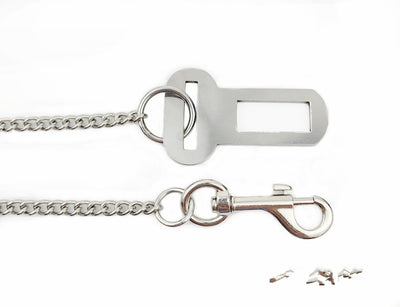 Stainless steel pet safety chain with a swivel snap hook and a seatbelt buckle attachment on a white background. - Image 9