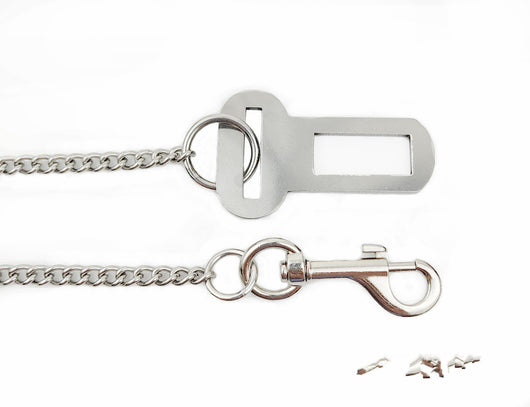 Stainless steel pet safety chain with a swivel snap hook and a seatbelt buckle attachment on a white background. - Image 9