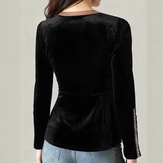 Blusa de Terciopelo Negra Ajustada al Cuerpo con Cintura Fruncida y Mangas Largas - Image 2