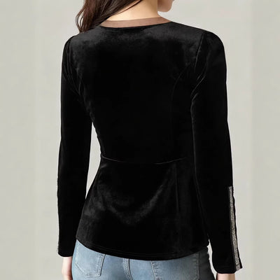 Blusa de Terciopelo Negra Ajustada al Cuerpo con Cintura Fruncida y Mangas Largas - Image 2