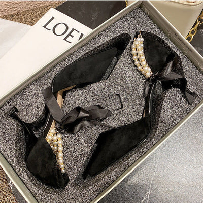Sandalias Negras Puntiagudas con Tira de Perlas - Estilo Hada Sexy - Image 11