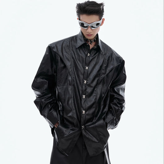 Camisa de Cuero Avanzado con Hombros Acolchados y Manga Larga - Image 13