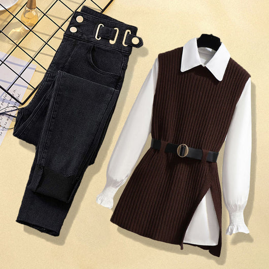 Conjunto de 3 Piezas: Chaleco Tejido, Camisa y Jeans para Mujer - Image 6