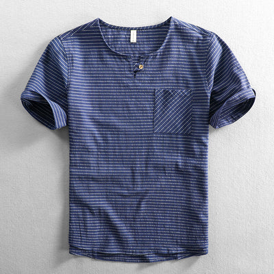 Camiseta Hombre Algodón Rayas Cuello Abierto Manga Corta Suelta Casual - Image 2