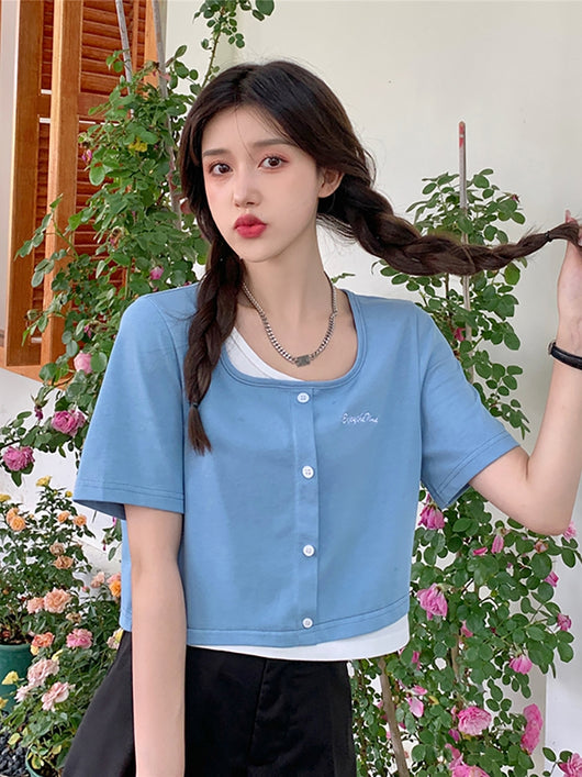 Blusa Dulce de Escote Cuadrado y Manga Corta Falsa de Dos Piezas - Image 4