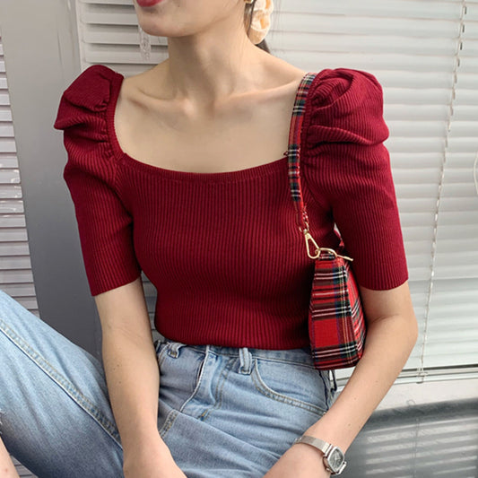 Blusa Francesa Ajustada con Cuello Cuadrado y Mangas Abullonadas