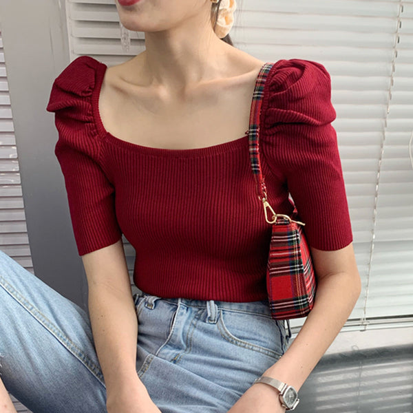 Blusa Francesa Ajustada con Cuello Cuadrado y Mangas Abullonadas