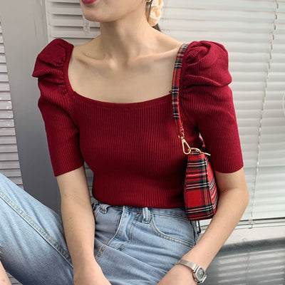 Blusa Francesa Ajustada con Cuello Cuadrado y Mangas Abullonadas