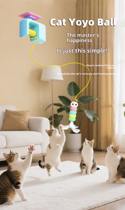 Electric pet cat toy with a blue hanging mechanism, yellow yo-yo string, and a colorful feathered lure. - Image 9