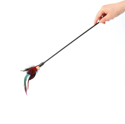 Three cat teaser wands with black sticks, colorful feathers in purple, red, and teal, and small gold bells. - Image 15
