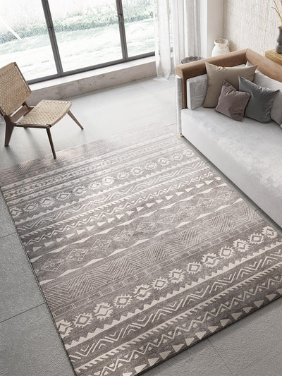 Rectangular area rug with white background and horizontal stripes of black, teal, and yellow tribal patterns. - Image 25