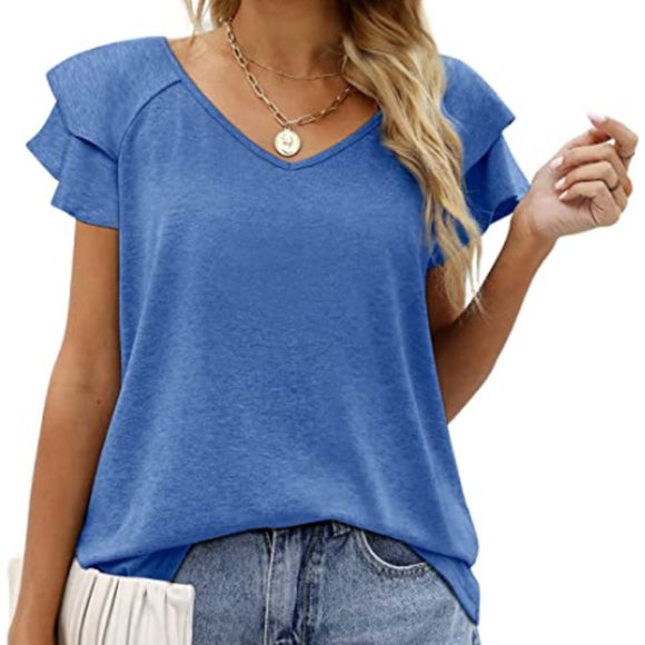 Women's V-Neck Double Layer Lotus Leaf Short Sleeve Blouse