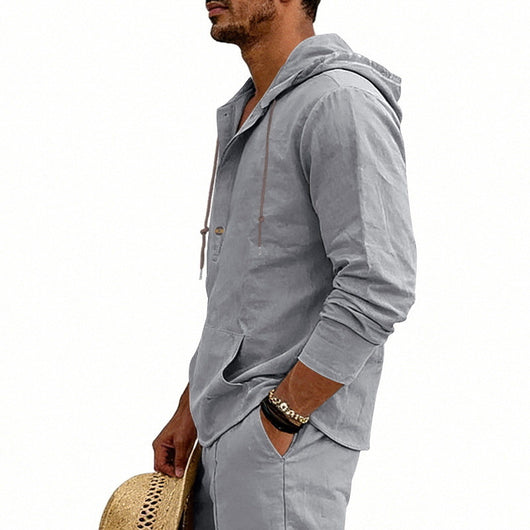 Camisa Hoody de Lino Transpirable para Hombre - Manga Larga Casual - Image 17