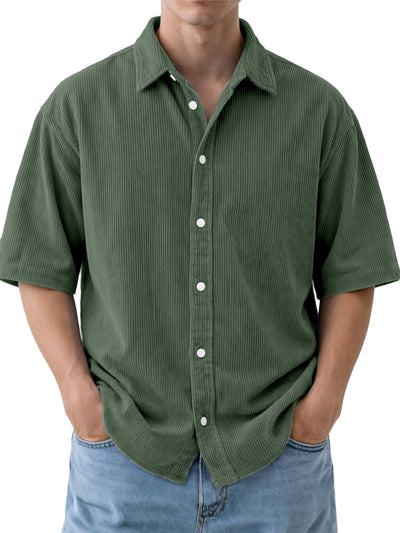 Camisa de Pana Suelta para Hombre - Manga Corta Color Sólido - Image 8