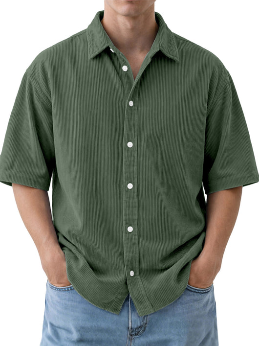 Camisa de Pana Suelta para Hombre - Manga Corta Color Sólido - Image 8